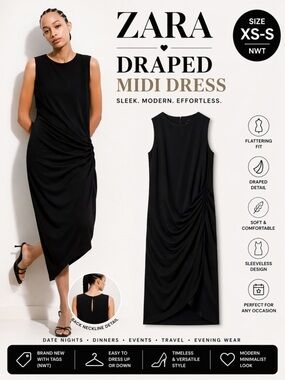 ZARA Black Draped Midi Dress NWT XS-S Sleeveless Ruched Dress